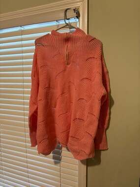 SHEIN Peach Quarter Zip Scalloped Pointelle Knit Sweater 1XL
